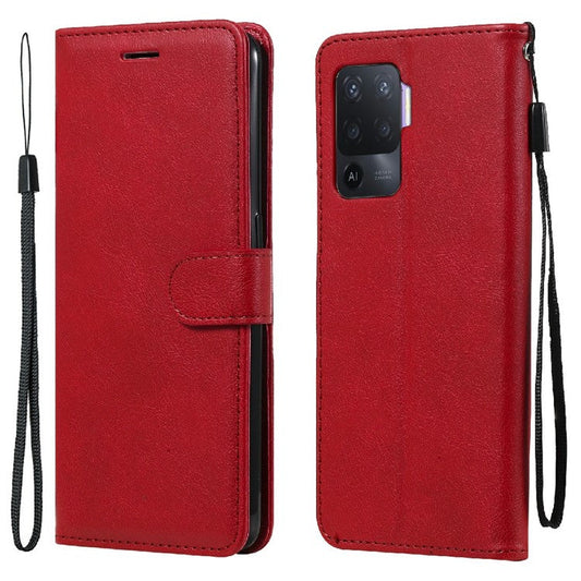 KT Leather Series-2 Wallet Design Anti-Scratch Leather Stand Phone Casing with Handy Strap for Oppo A94 5G/F19 Pro+ 5G/A95 5G/Reno5 Z 5G - Red