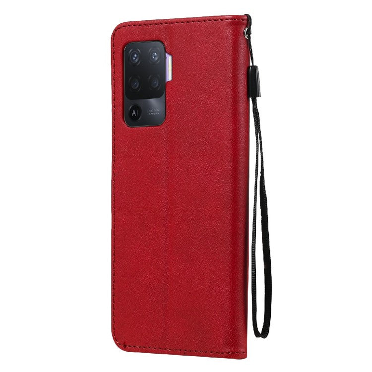 KT Leather Series-2 Wallet Design Anti-Scratch Leather Stand Phone Casing with Handy Strap for Oppo A94 5G/F19 Pro+ 5G/A95 5G/Reno5 Z 5G - Red