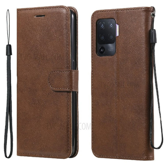 KT Leather Series-2 Wallet Design Anti-Scratch Leather Stand Phone Casing with Handy Strap for Oppo A94 5G/F19 Pro+ 5G/A95 5G/Reno5 Z 5G - Brown