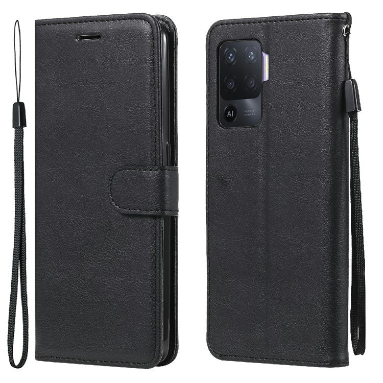 KT Leather Series-2 Wallet Design Anti-Scratch Leather Stand Phone Casing with Handy Strap for Oppo A94 5G/F19 Pro+ 5G/A95 5G/Reno5 Z 5G - Black