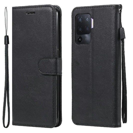KT Leather Series-2 Wallet Design Anti-Scratch Leather Stand Phone Casing with Handy Strap for Oppo A94 5G/F19 Pro+ 5G/A95 5G/Reno5 Z 5G - Black