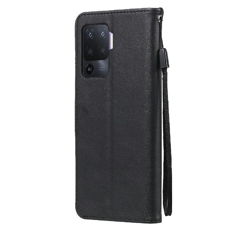 KT Leather Series-2 Wallet Design Anti-Scratch Leather Stand Phone Casing with Handy Strap for Oppo A94 5G/F19 Pro+ 5G/A95 5G/Reno5 Z 5G - Black