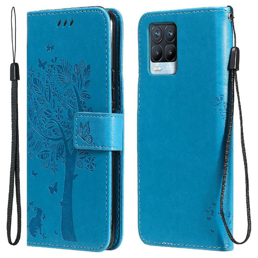 KT Imprinting Flower Series-3 Cat and Tree Imprinted PU Leather Stand Case Phone Wallet Shell with Strap for Realme 8/Realme 8 Pro - Blue