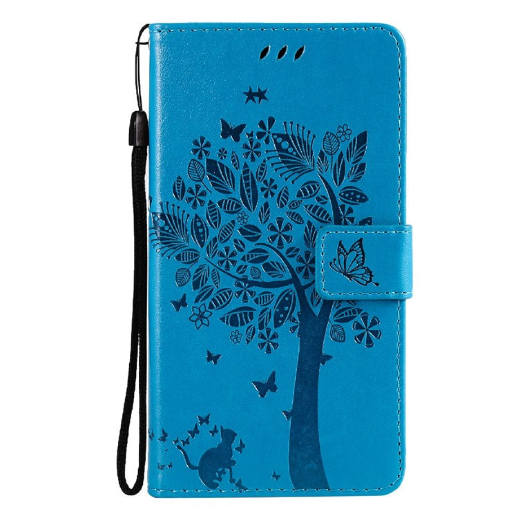 KT Imprinting Flower Series-3 Cat and Tree Imprinted PU Leather Stand Case Phone Wallet Shell with Strap for Realme 8/Realme 8 Pro - Blue