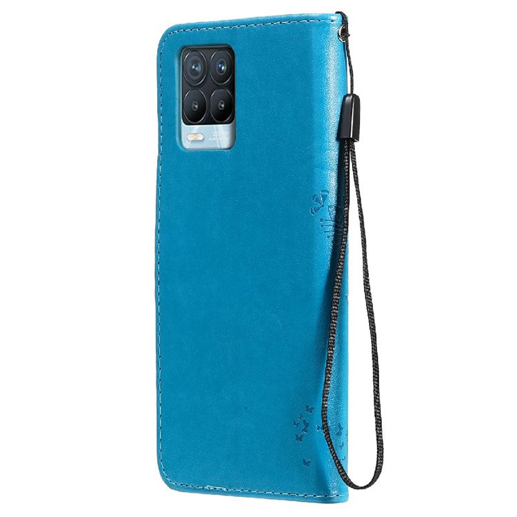KT Imprinting Flower Series-3 Cat and Tree Imprinted PU Leather Stand Case Phone Wallet Shell with Strap for Realme 8/Realme 8 Pro - Blue