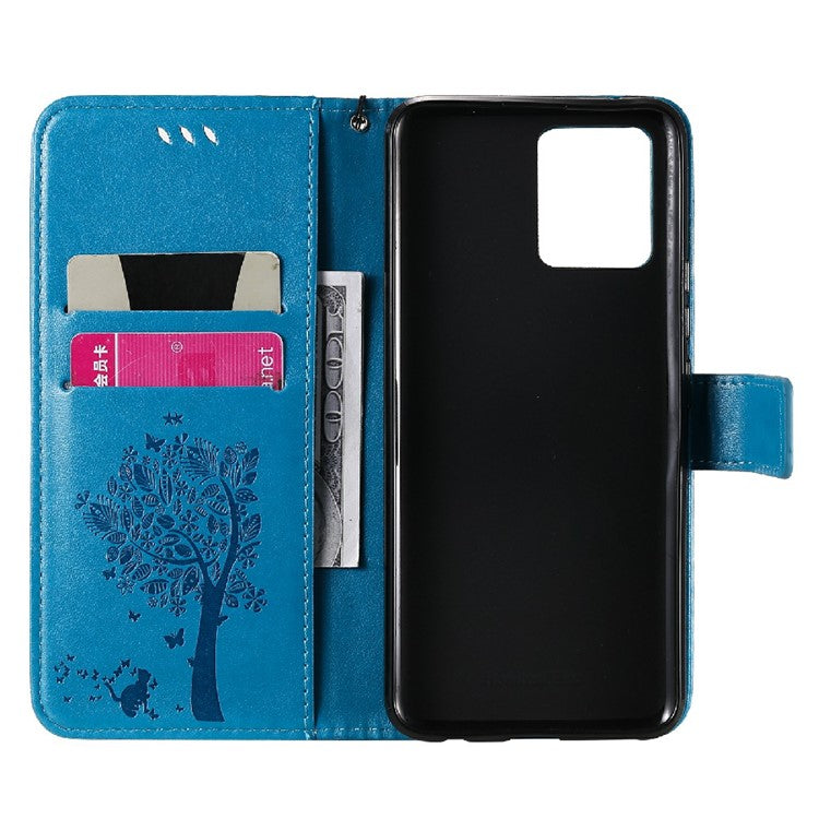 KT Imprinting Flower Series-3 Cat and Tree Imprinted PU Leather Stand Case Phone Wallet Shell with Strap for Realme 8/Realme 8 Pro - Blue