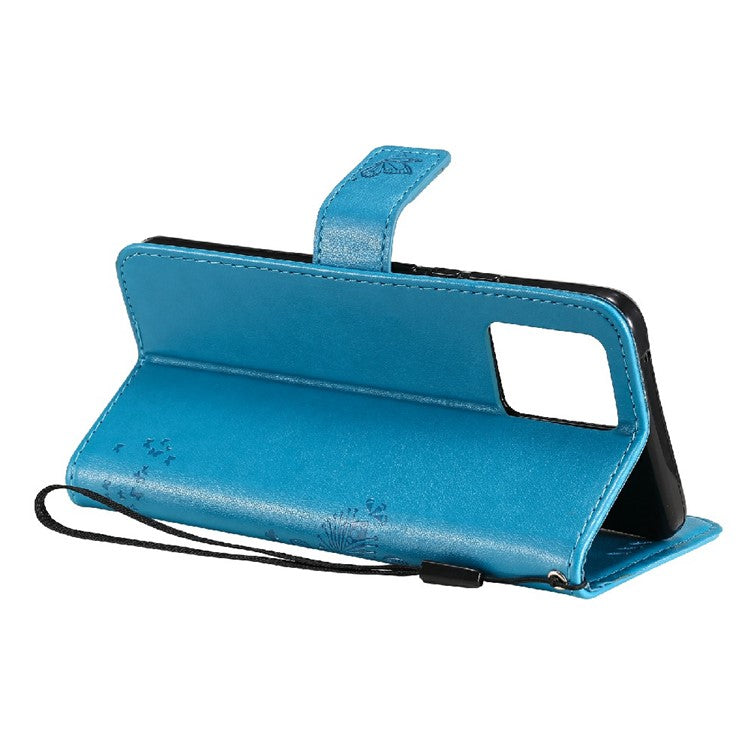 KT Imprinting Flower Series-3 Cat and Tree Imprinted PU Leather Stand Case Phone Wallet Shell with Strap for Realme 8/Realme 8 Pro - Blue