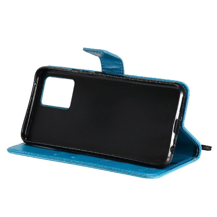 KT Imprinting Flower Series-3 Cat and Tree Imprinted PU Leather Stand Case Phone Wallet Shell with Strap for Realme 8/Realme 8 Pro - Blue