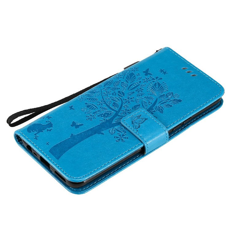 KT Imprinting Flower Series-3 Cat and Tree Imprinted PU Leather Stand Case Phone Wallet Shell with Strap for Realme 8/Realme 8 Pro - Blue