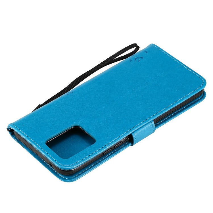 KT Imprinting Flower Series-3 Cat and Tree Imprinted PU Leather Stand Case Phone Wallet Shell with Strap for Realme 8/Realme 8 Pro - Blue