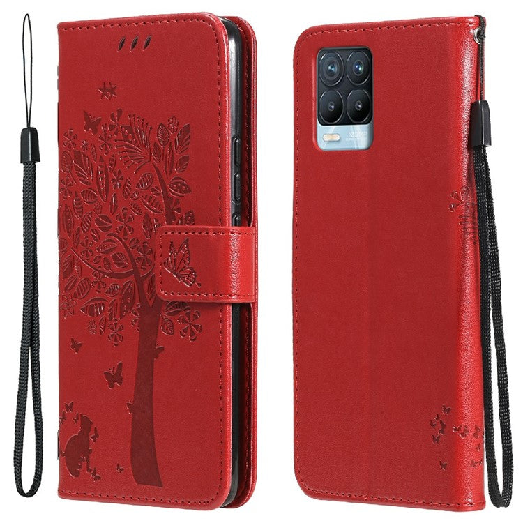 KT Imprinting Flower Series-3 Cat and Tree Imprinted PU Leather Stand Case Phone Wallet Shell with Strap for Realme 8/Realme 8 Pro - Red