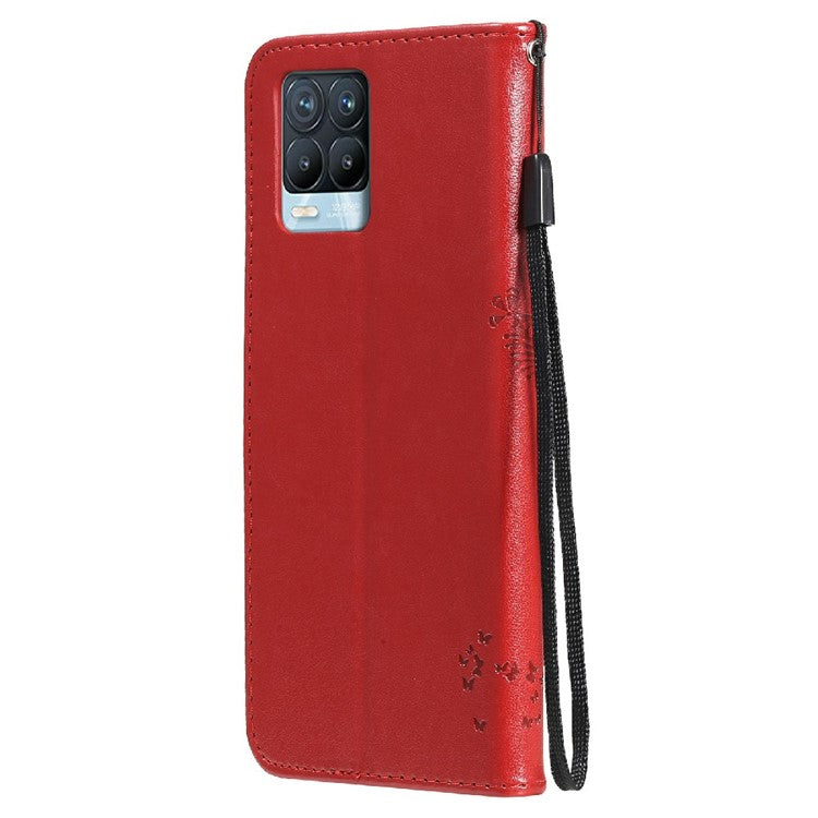 KT Imprinting Flower Series-3 Cat and Tree Imprinted PU Leather Stand Case Phone Wallet Shell with Strap for Realme 8/Realme 8 Pro - Red