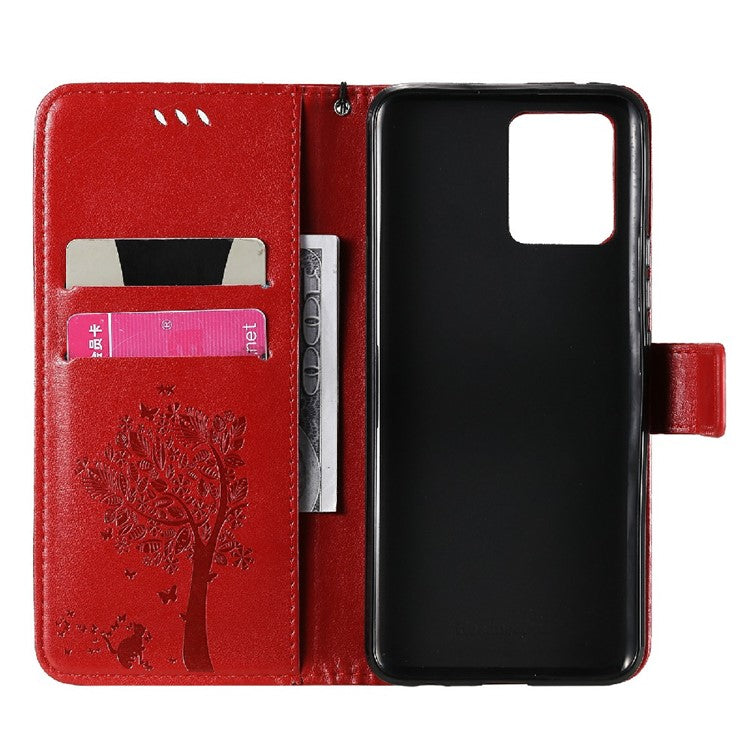 KT Imprinting Flower Series-3 Cat and Tree Imprinted PU Leather Stand Case Phone Wallet Shell with Strap for Realme 8/Realme 8 Pro - Red