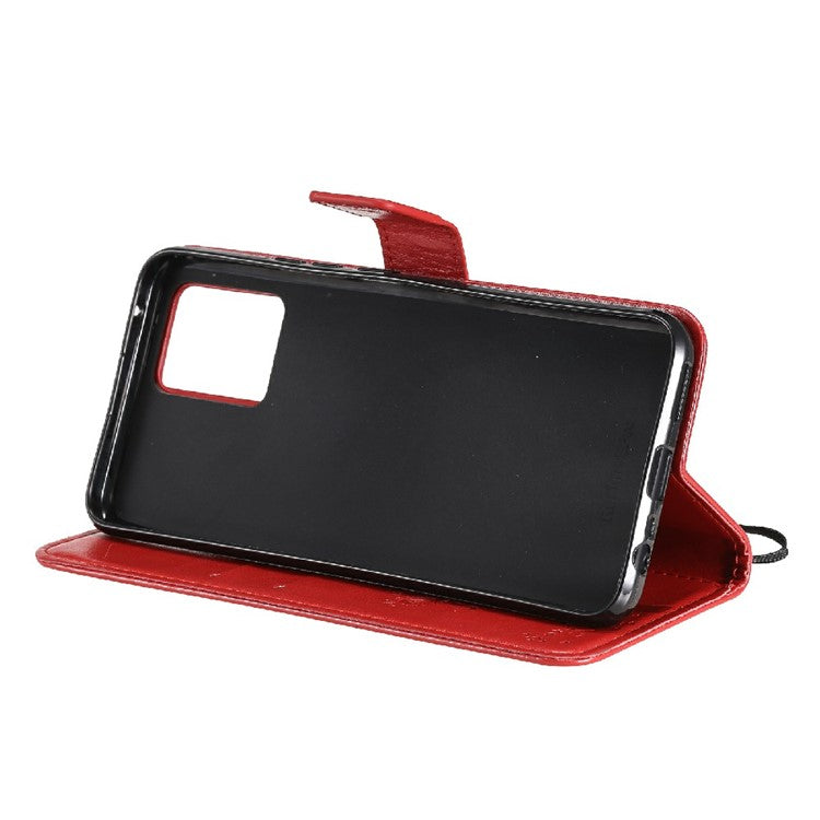 KT Imprinting Flower Series-3 Cat and Tree Imprinted PU Leather Stand Case Phone Wallet Shell with Strap for Realme 8/Realme 8 Pro - Red