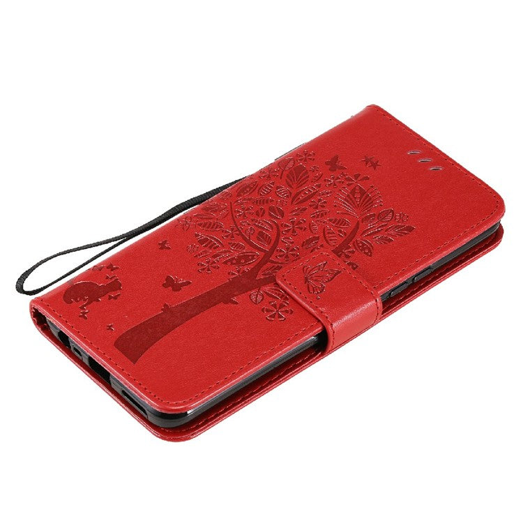 KT Imprinting Flower Series-3 Cat and Tree Imprinted PU Leather Stand Case Phone Wallet Shell with Strap for Realme 8/Realme 8 Pro - Red