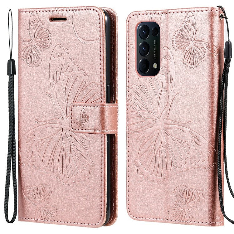KT Imprinting Flower Series-2 Butterfly Pattern Imprinting Protective Shockproof Magnetic Clasp Wallet Leather Phone Cover Case with Stand for Oppo Reno5 4G/5G/Reno5 K/Find X3 Lite - Rose Gold