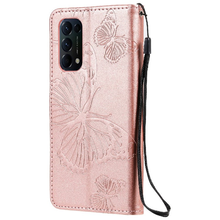KT Imprinting Flower Series-2 Butterfly Pattern Imprinting Protective Shockproof Magnetic Clasp Wallet Leather Phone Cover Case with Stand for Oppo Reno5 4G/5G/Reno5 K/Find X3 Lite - Rose Gold