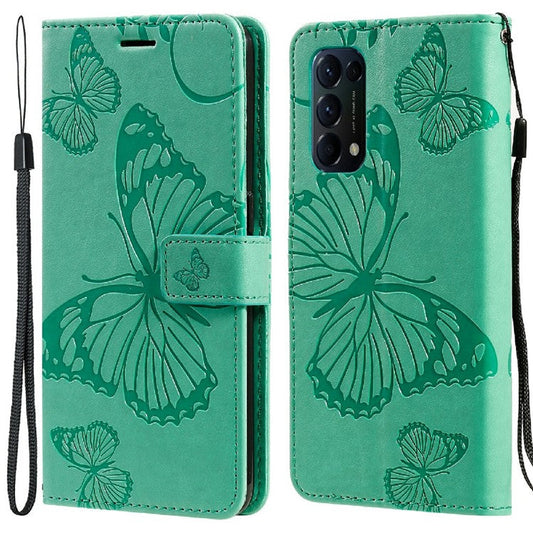 KT Imprinting Flower Series-2 Butterfly Pattern Imprinting Protective Shockproof Magnetic Clasp Wallet Leather Phone Cover Case with Stand for Oppo Reno5 4G/5G/Reno5 K/Find X3 Lite - Green