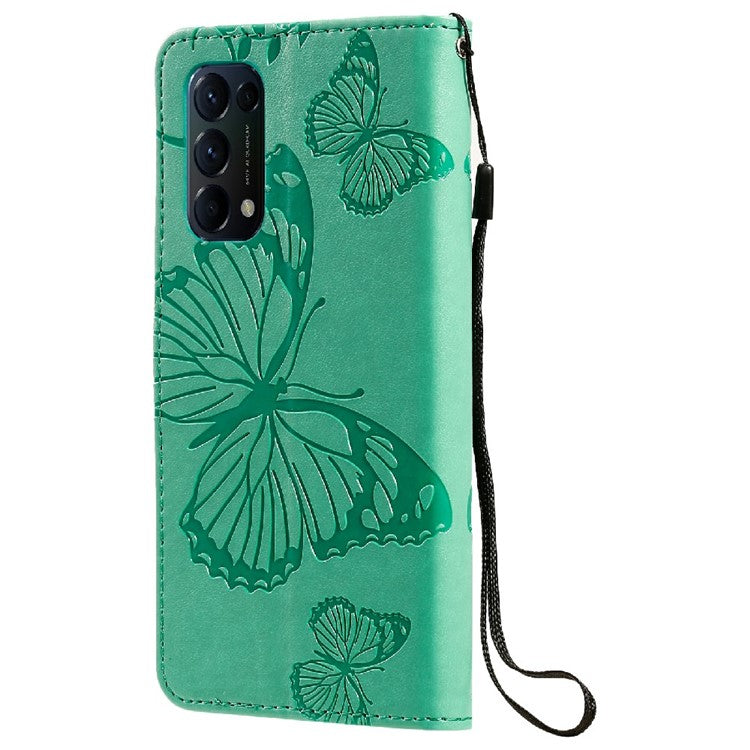 KT Imprinting Flower Series-2 Butterfly Pattern Imprinting Protective Shockproof Magnetic Clasp Wallet Leather Phone Cover Case with Stand for Oppo Reno5 4G/5G/Reno5 K/Find X3 Lite - Green