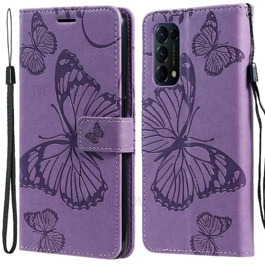 KT Imprinting Flower Series-2 Butterfly Pattern Imprinting Protective Shockproof Magnetic Clasp Wallet Leather Phone Cover Case with Stand for Oppo Reno5 4G/5G/Reno5 K/Find X3 Lite - Purple