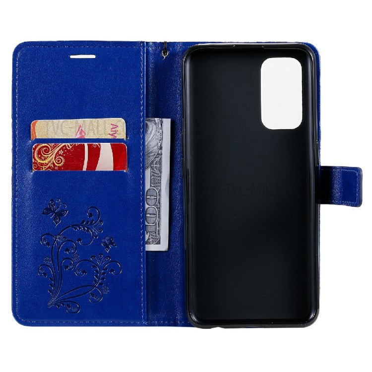 KT Imprinting Flower Series-2 Butterfly Pattern Imprinting Protective Shockproof Magnetic Clasp Wallet Leather Phone Cover Case with Stand for Oppo Reno5 4G/5G/Reno5 K/Find X3 Lite - Blue