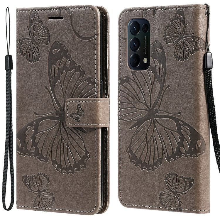 KT Imprinting Flower Series-2 Butterfly Pattern Imprinting Protective Shockproof Magnetic Clasp Wallet Leather Phone Cover Case with Stand for Oppo Reno5 4G/5G/Reno5 K/Find X3 Lite - Grey