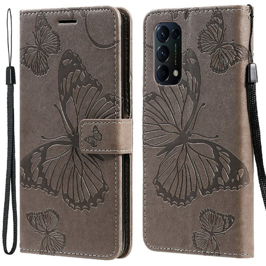 KT Imprinting Flower Series-2 Butterfly Pattern Imprinting Protective Shockproof Magnetic Clasp Wallet Leather Phone Cover Case with Stand for Oppo Reno5 4G/5G/Reno5 K/Find X3 Lite - Grey