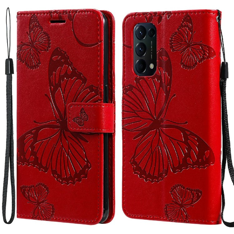 KT Imprinting Flower Series-2 Butterfly Pattern Imprinting Protective Shockproof Magnetic Clasp Wallet Leather Phone Cover Case with Stand for Oppo Reno5 4G/5G/Reno5 K/Find X3 Lite - Red