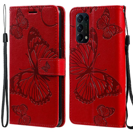 KT Imprinting Flower Series-2 Butterfly Pattern Imprinting Protective Shockproof Magnetic Clasp Wallet Leather Phone Cover Case with Stand for Oppo Reno5 4G/5G/Reno5 K/Find X3 Lite - Red