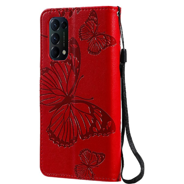 KT Imprinting Flower Series-2 Butterfly Pattern Imprinting Protective Shockproof Magnetic Clasp Wallet Leather Phone Cover Case with Stand for Oppo Reno5 4G/5G/Reno5 K/Find X3 Lite - Red