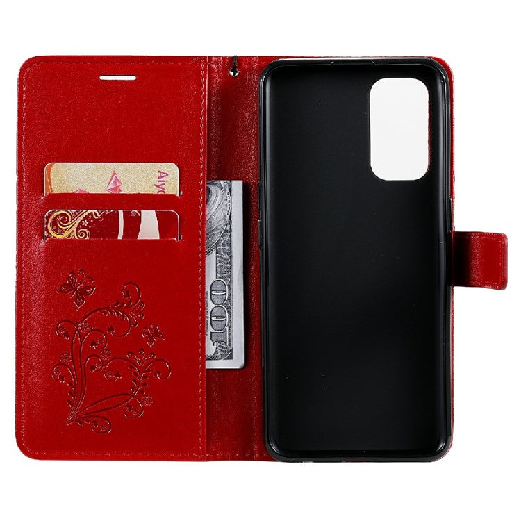 KT Imprinting Flower Series-2 Butterfly Pattern Imprinting Protective Shockproof Magnetic Clasp Wallet Leather Phone Cover Case with Stand for Oppo Reno5 4G/5G/Reno5 K/Find X3 Lite - Red