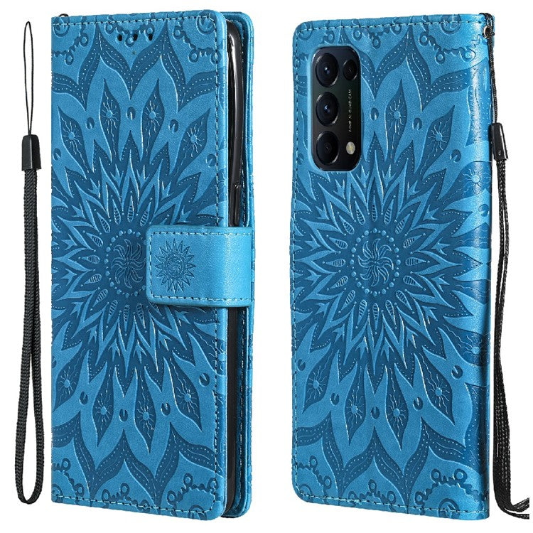 KT Imprinting Flower Series-1 Sunflower Imprint Stylish Pattern Magnetic Clasp Wallet Stand PU Leather Phone Cover Shell for Oppo Reno5 4G/5G/Reno5 K/Find X3 Lite - Blue