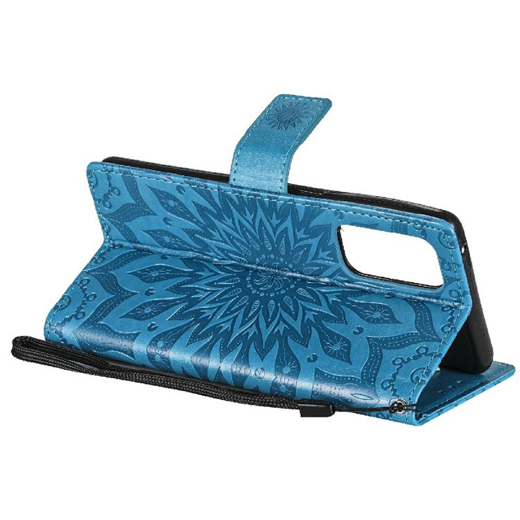 KT Imprinting Flower Series-1 Sunflower Imprint Stylish Pattern Magnetic Clasp Wallet Stand PU Leather Phone Cover Shell for Oppo Reno5 4G/5G/Reno5 K/Find X3 Lite - Blue