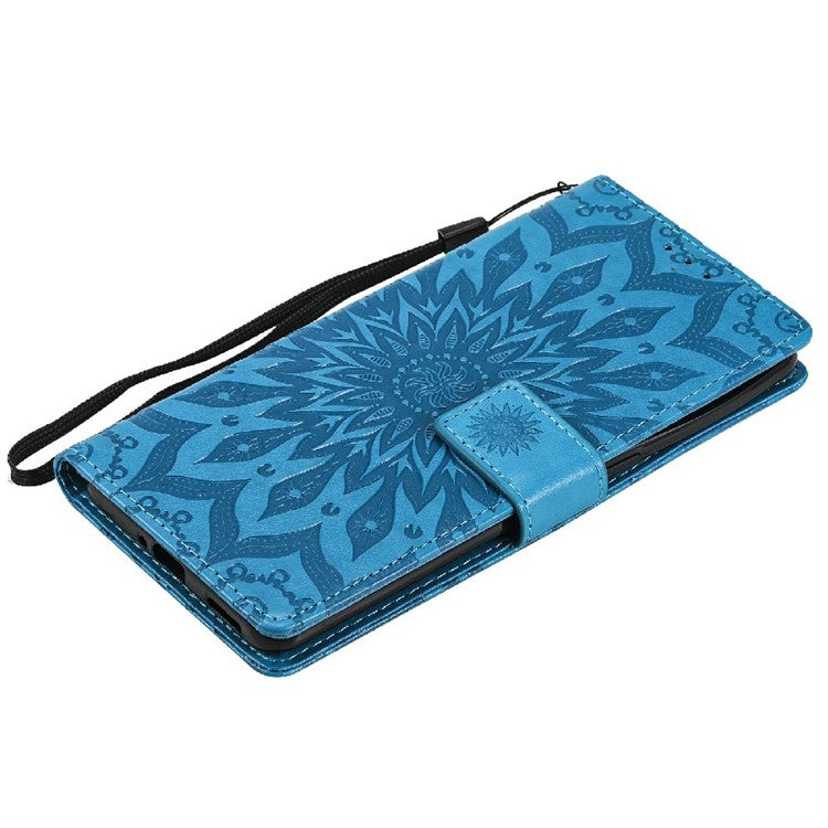 KT Imprinting Flower Series-1 Sunflower Imprint Stylish Pattern Magnetic Clasp Wallet Stand PU Leather Phone Cover Shell for Oppo Reno5 4G/5G/Reno5 K/Find X3 Lite - Blue