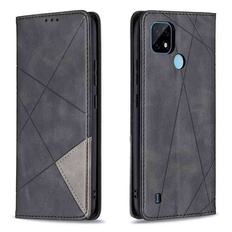 For Realme C21 / C20 Rhombus-Like Imprinting Leather Stand Case Card Holder Shell [with Fingerprint Hole] - Black
