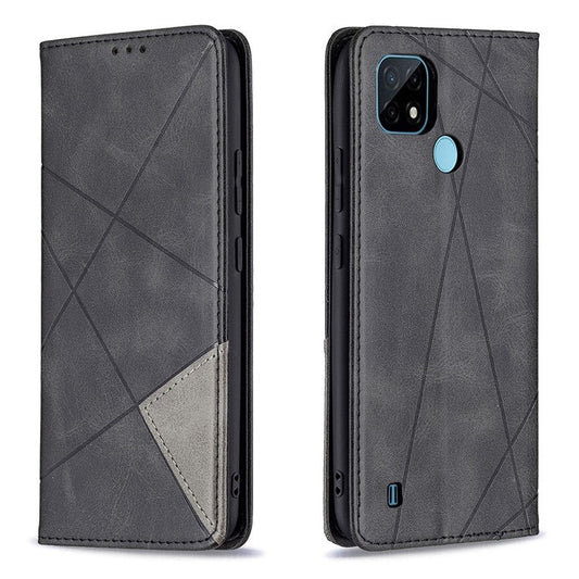 For Realme C21 / C20 Rhombus-Like Imprinting Leather Stand Case Card Holder Shell [with Fingerprint Hole] - Black