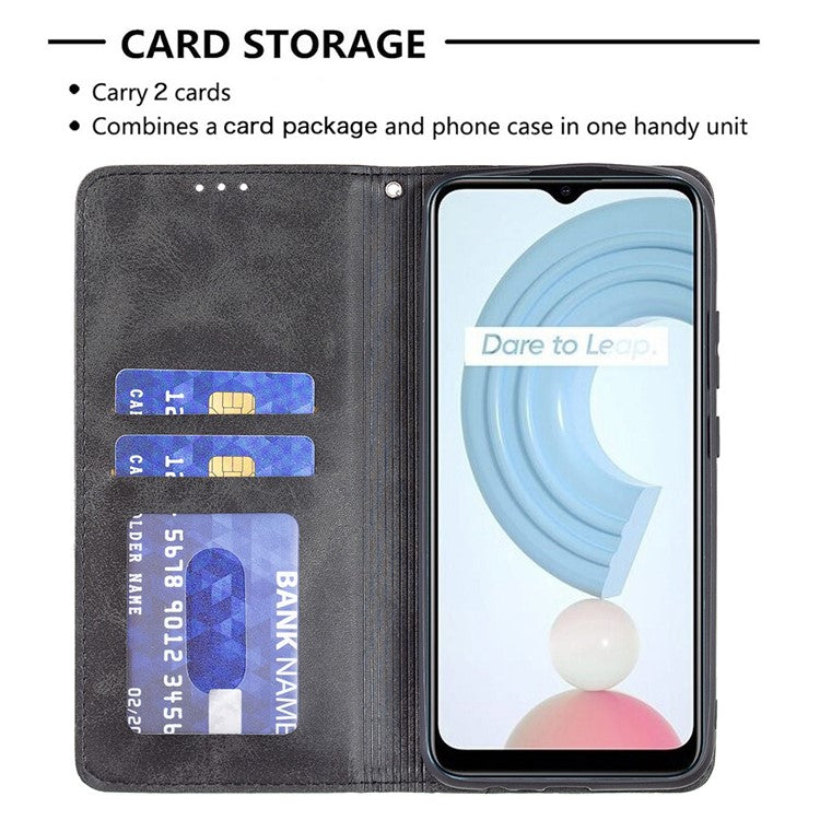 For Realme C21 / C20 Rhombus-Like Imprinting Leather Stand Case Card Holder Shell [with Fingerprint Hole] - Black