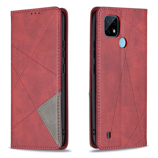 For Realme C21 / C20 Rhombus-Like Imprinting Leather Stand Case Card Holder Shell [with Fingerprint Hole] - Red