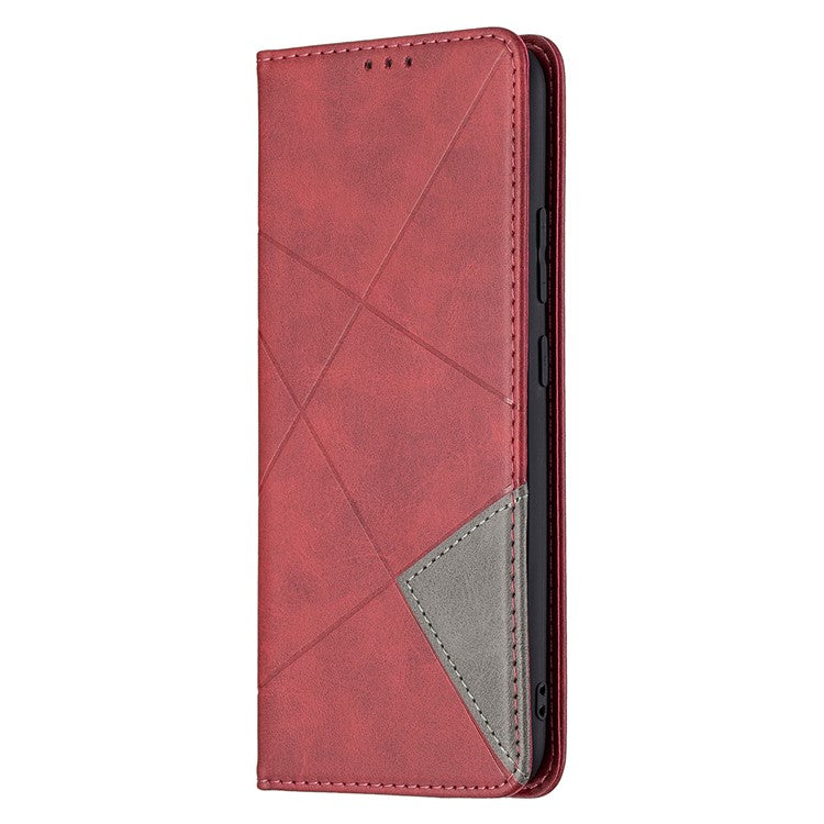 For Realme C21 / C20 Rhombus-Like Imprinting Leather Stand Case Card Holder Shell [with Fingerprint Hole] - Red