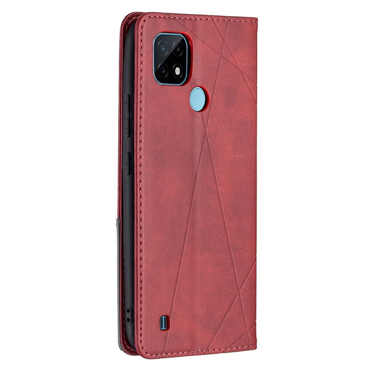 For Realme C21 / C20 Rhombus-Like Imprinting Leather Stand Case Card Holder Shell [with Fingerprint Hole] - Red