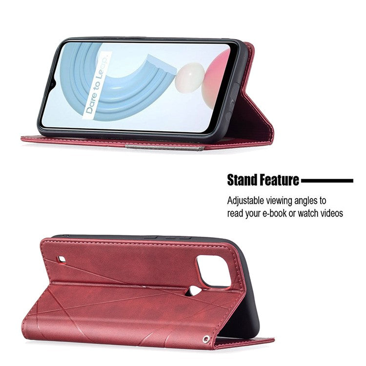 For Realme C21 / C20 Rhombus-Like Imprinting Leather Stand Case Card Holder Shell [with Fingerprint Hole] - Red