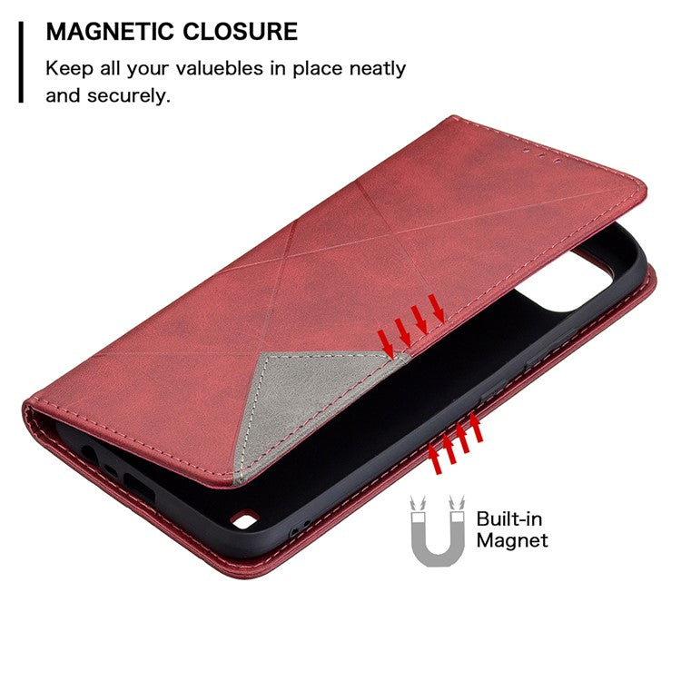 For Realme C21 / C20 Rhombus-Like Imprinting Leather Stand Case Card Holder Shell [with Fingerprint Hole] - Red