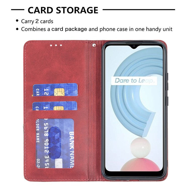 For Realme C21 / C20 Rhombus-Like Imprinting Leather Stand Case Card Holder Shell [with Fingerprint Hole] - Red