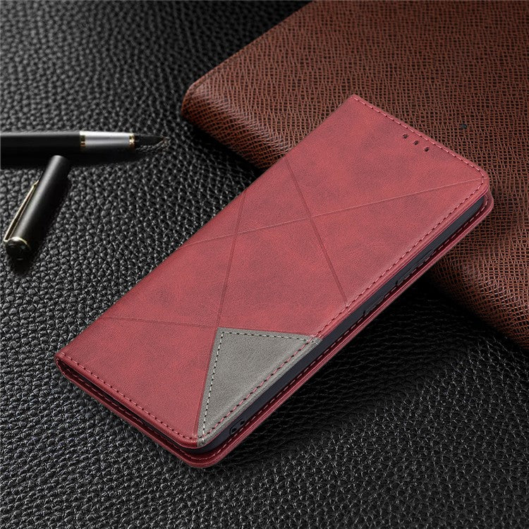 For Realme C21 / C20 Rhombus-Like Imprinting Leather Stand Case Card Holder Shell [with Fingerprint Hole] - Red