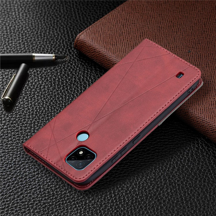 For Realme C21 / C20 Rhombus-Like Imprinting Leather Stand Case Card Holder Shell [with Fingerprint Hole] - Red