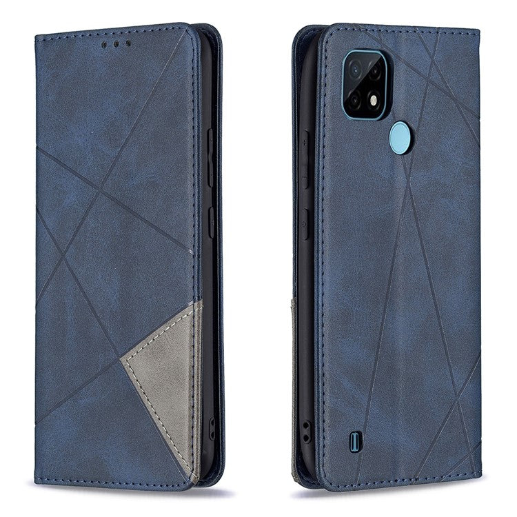 For Realme C21 / C20 Rhombus-Like Imprinting Leather Stand Case Card Holder Shell [with Fingerprint Hole] - Blue