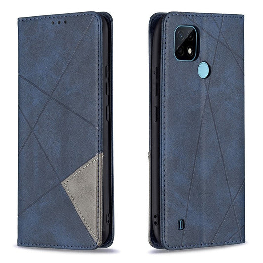 For Realme C21 / C20 Rhombus-Like Imprinting Leather Stand Case Card Holder Shell [with Fingerprint Hole] - Blue