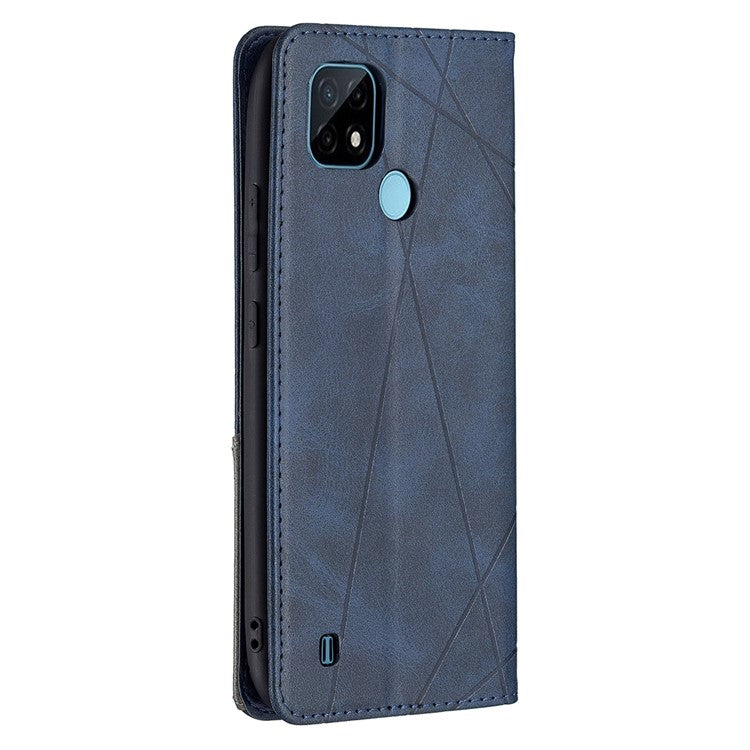 For Realme C21 / C20 Rhombus-Like Imprinting Leather Stand Case Card Holder Shell [with Fingerprint Hole] - Blue