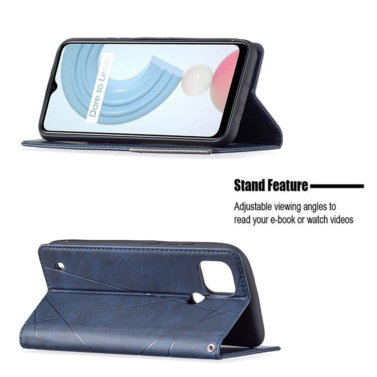 For Realme C21 / C20 Rhombus-Like Imprinting Leather Stand Case Card Holder Shell [with Fingerprint Hole] - Blue