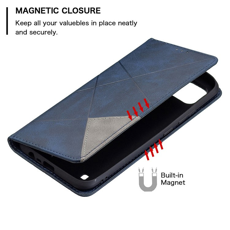 For Realme C21 / C20 Rhombus-Like Imprinting Leather Stand Case Card Holder Shell [with Fingerprint Hole] - Blue